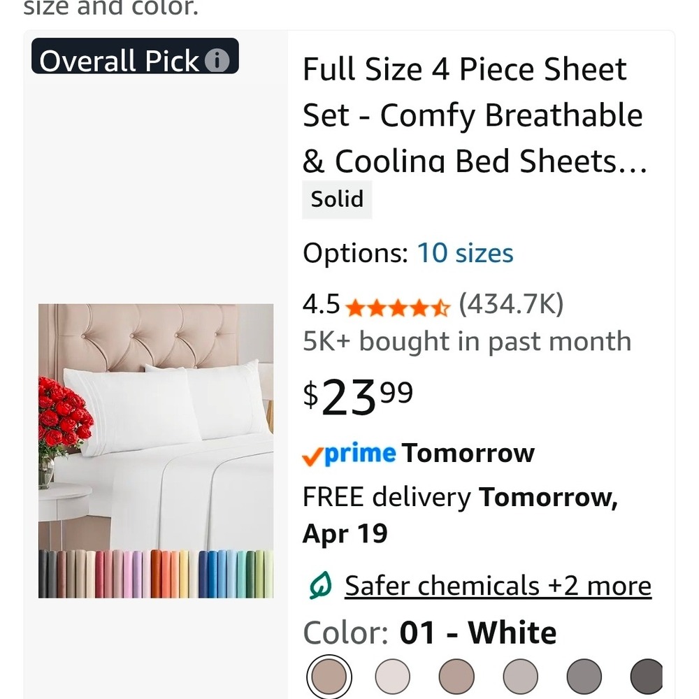 Full Size 4 Piece Sheet Set White Cooling Breathable Bed Sheets Deep Pocket - Picture 1 of 8